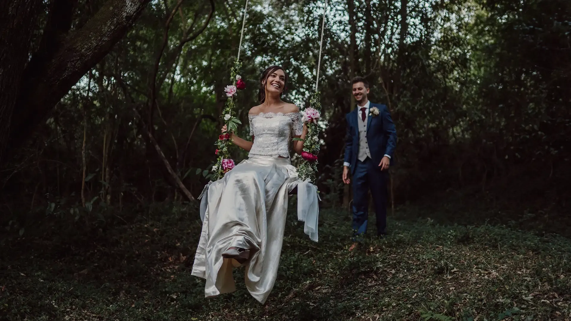Bride and groom together in a forest setting on their wedding day, bridal hair and makeup by Lisa Fowler, Newcastle and Hunter Valley