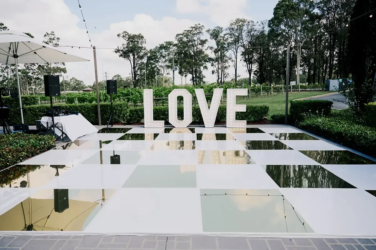 LOVE letters on the dance floor at a Hunter Valley vineyard wedding