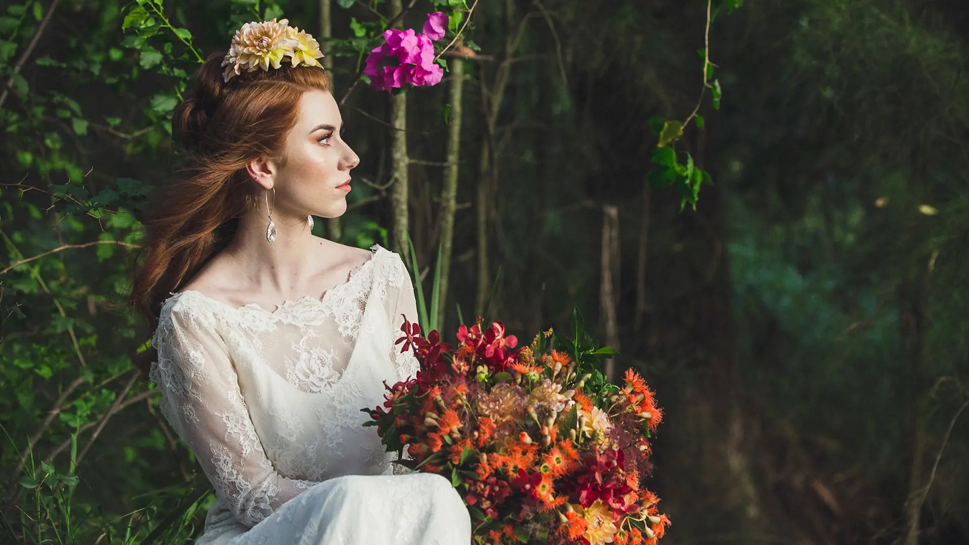Bride with bouquet, wedding hair and makeup by Lisa Fowler, Newcastle and Hunter Valley